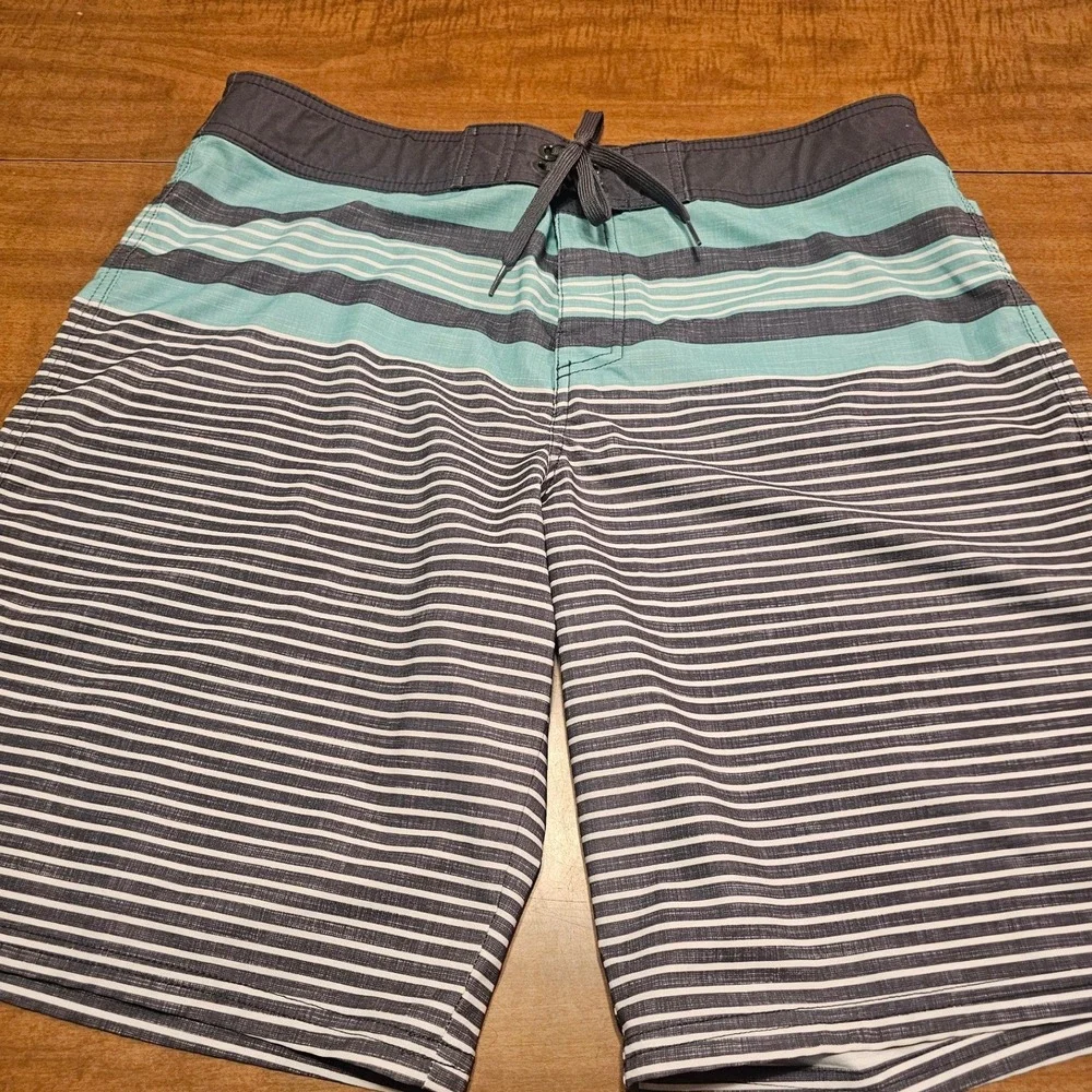 Mens Mossimo Swim Trunks Striped 38 M Teal & Gray pockets tie close H19
